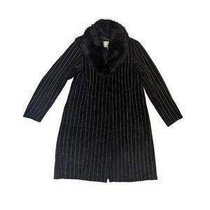 WILSONS LEATHER Vintage Black/White Stripe Trench Coat & Detachable Collar Sz L